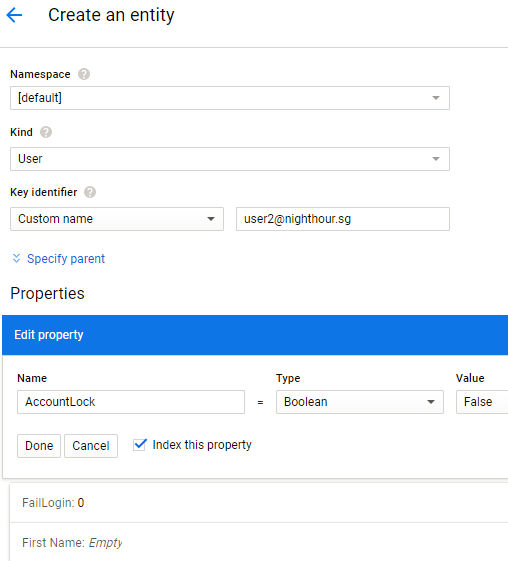 Google Cloud DataStore Create User Entity